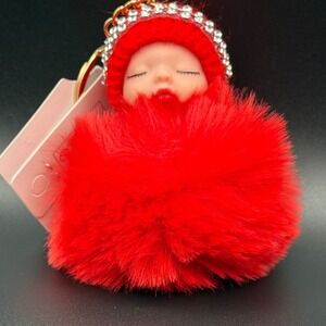Sisi Collection Red Faux‎ Fur Baby Doll Keychain Rhinestone Hat Gold Chain